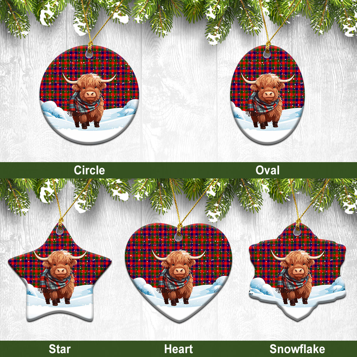Gow (or McGouan) Tartan Christmas Ceramic Ornament - Highland Cows Snow Style