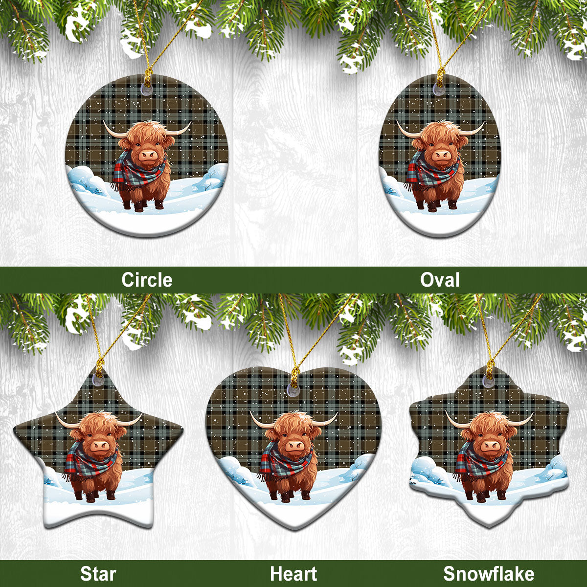 Graham of Menteith Weathered Tartan Christmas Ceramic Ornament - Highland Cows Snow Style