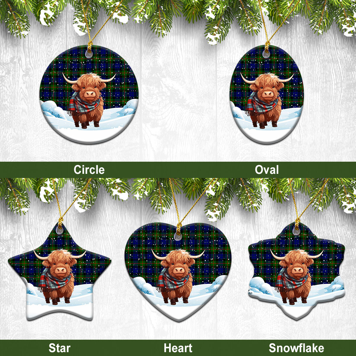 Gunn Modern Tartan Christmas Ceramic Ornament - Highland Cows Snow Style