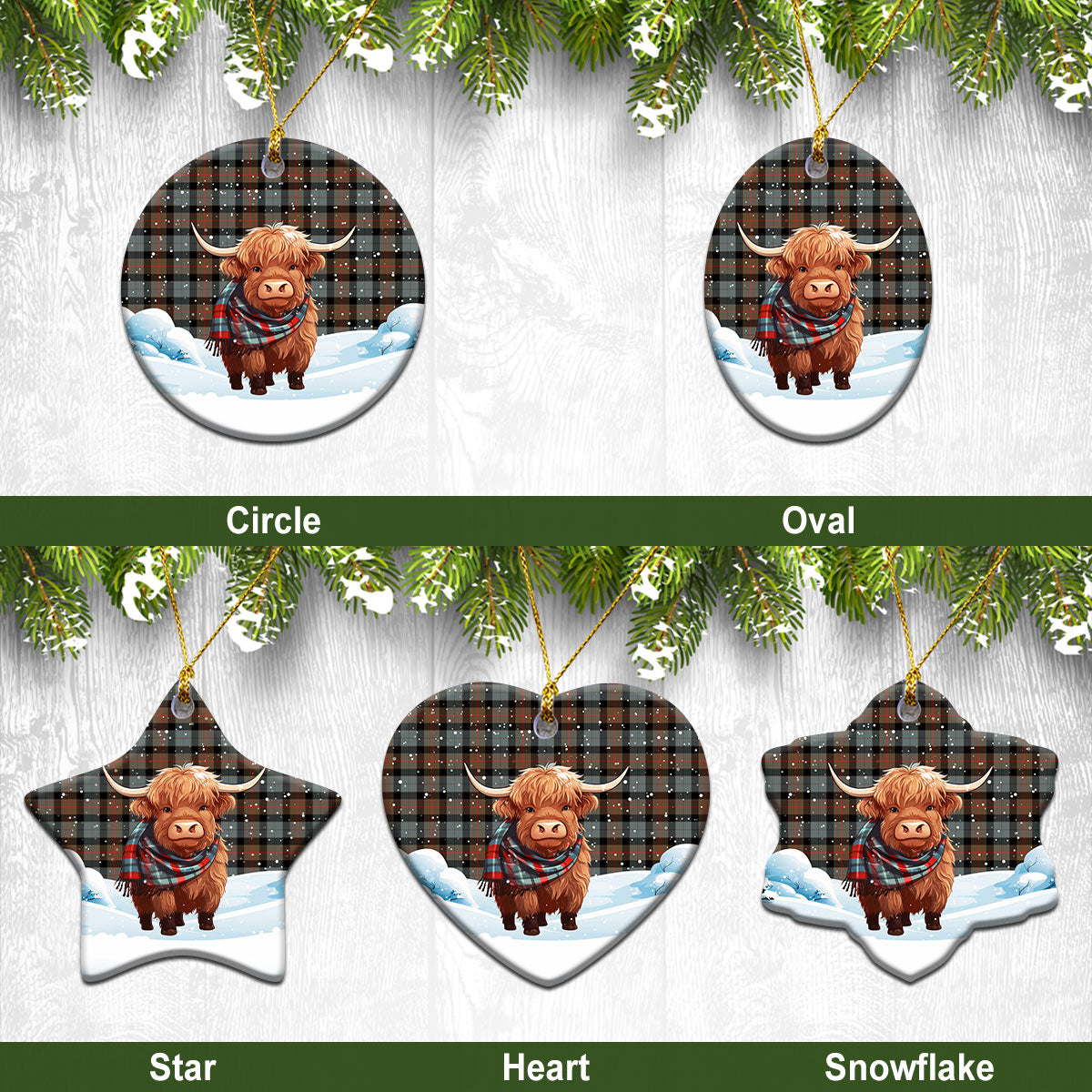 Gunn Weathered Tartan Christmas Ceramic Ornament - Highland Cows Snow Style