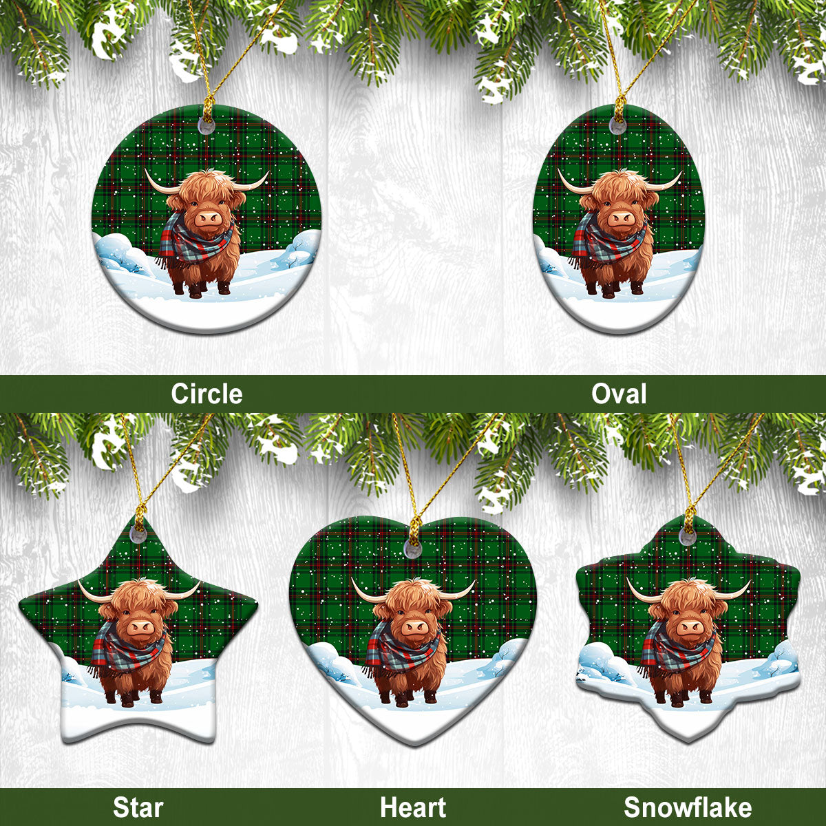 Halkerston Tartan Christmas Ceramic Ornament - Highland Cows Snow Style