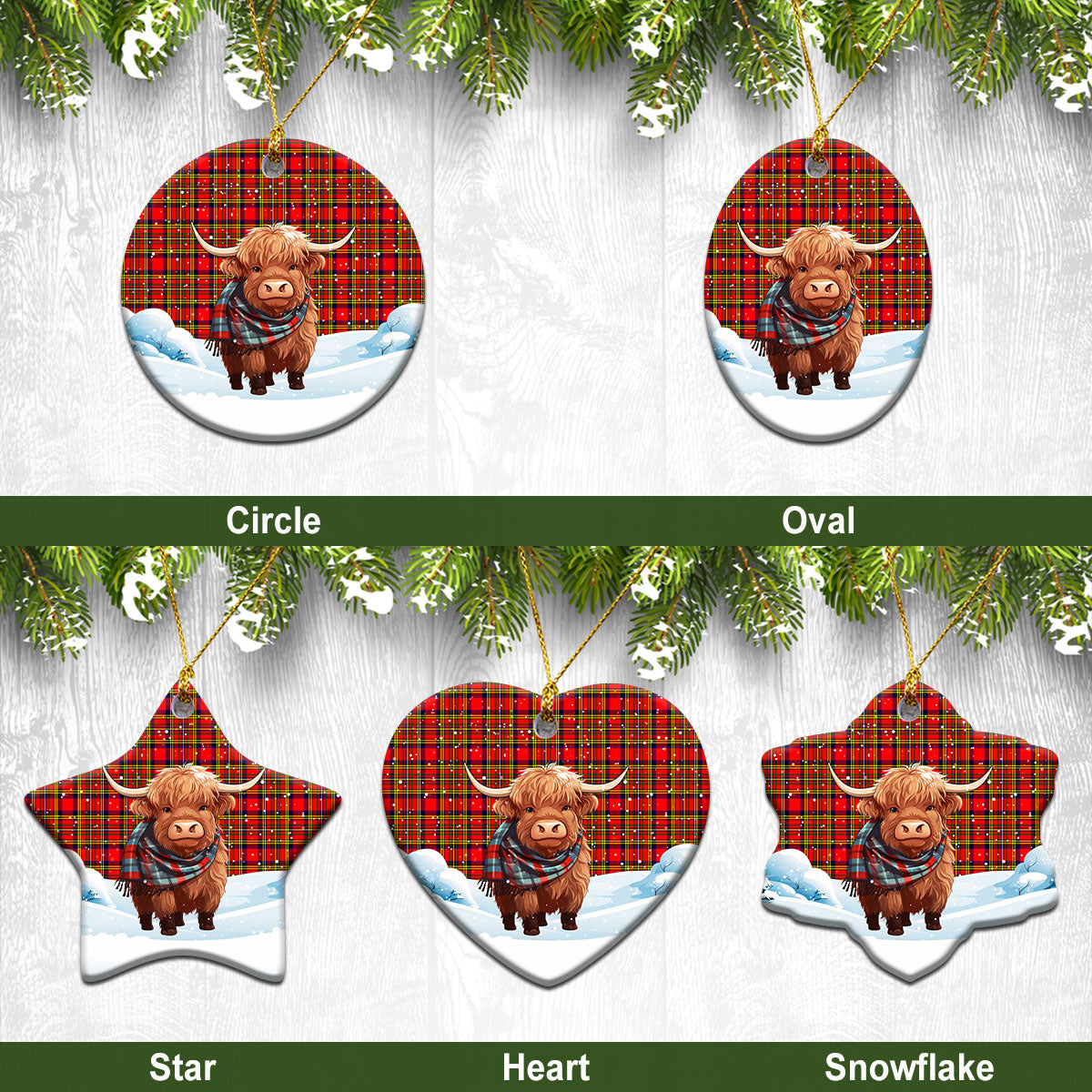 Hepburn Tartan Christmas Ceramic Ornament - Highland Cows Snow Style