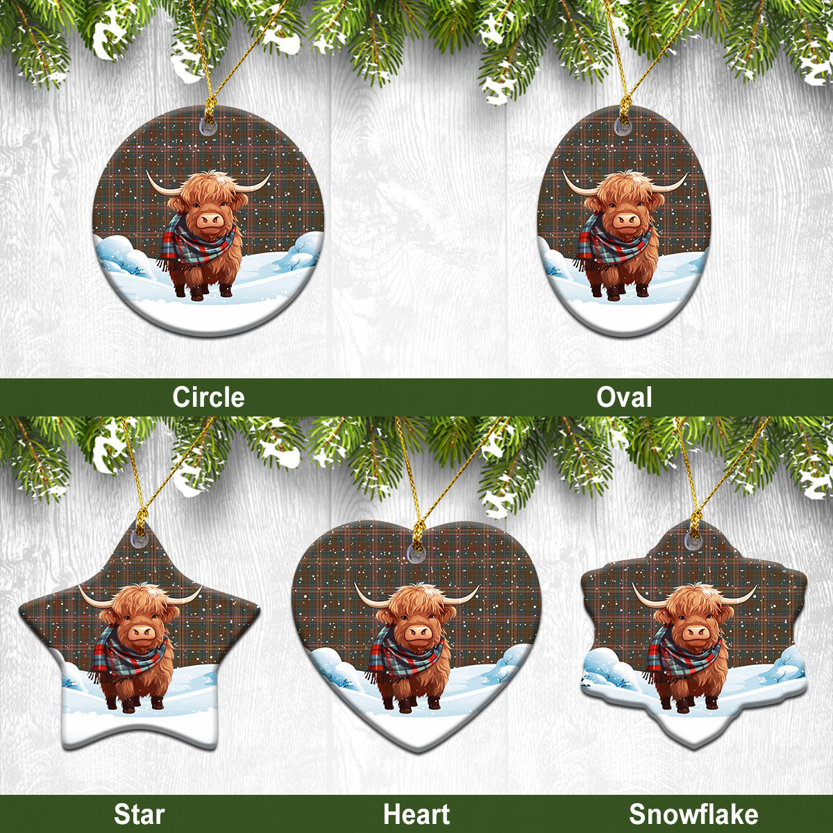 Kennedy Weathered Tartan Christmas Ceramic Ornament - Highland Cows Snow Style