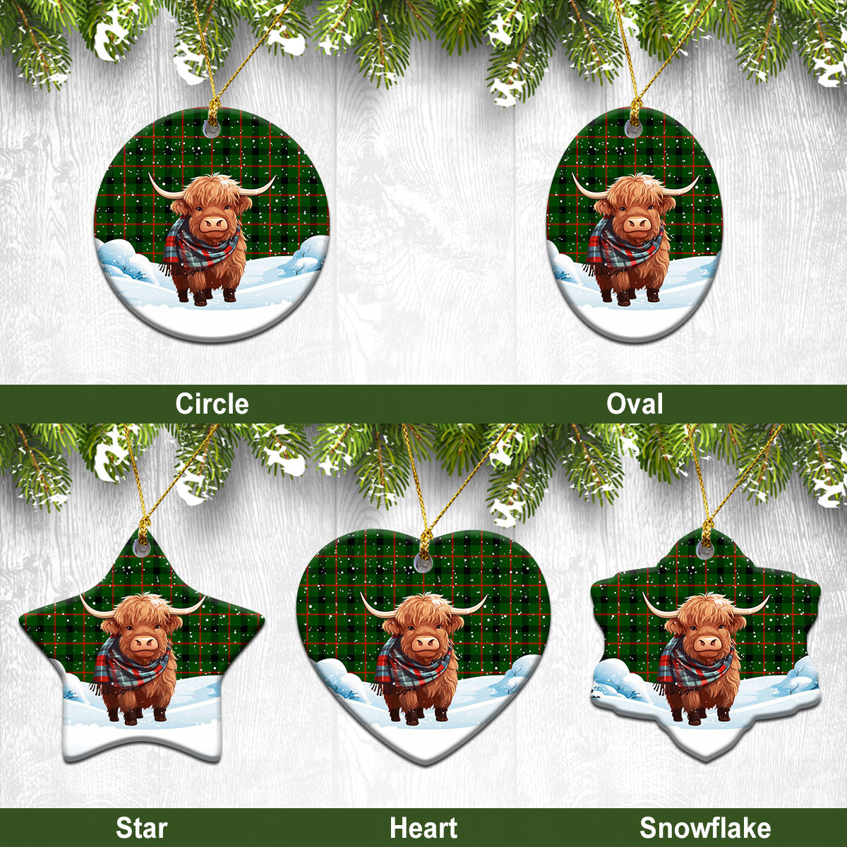 Kincaid Tartan Christmas Ceramic Ornament - Highland Cows Snow Style