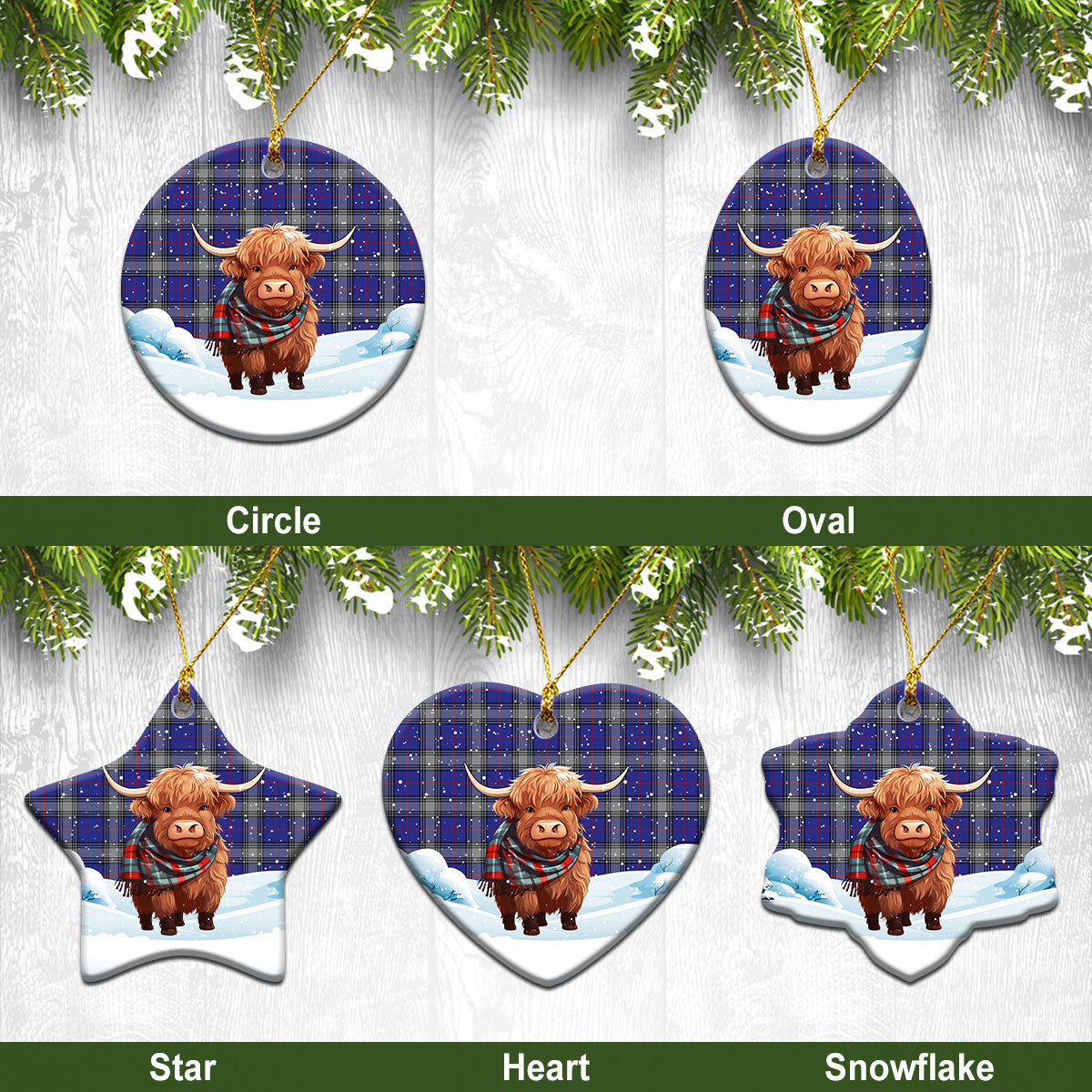 Kinnaird Tartan Christmas Ceramic Ornament - Highland Cows Snow Style