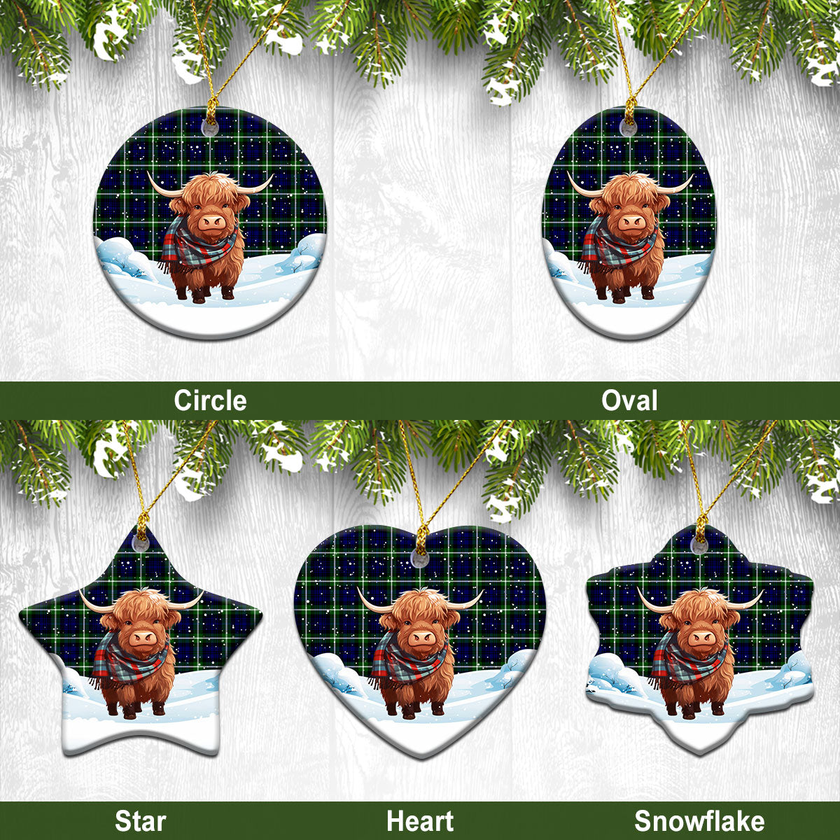 Lamont Modern Tartan Christmas Ceramic Ornament - Highland Cows Snow Style