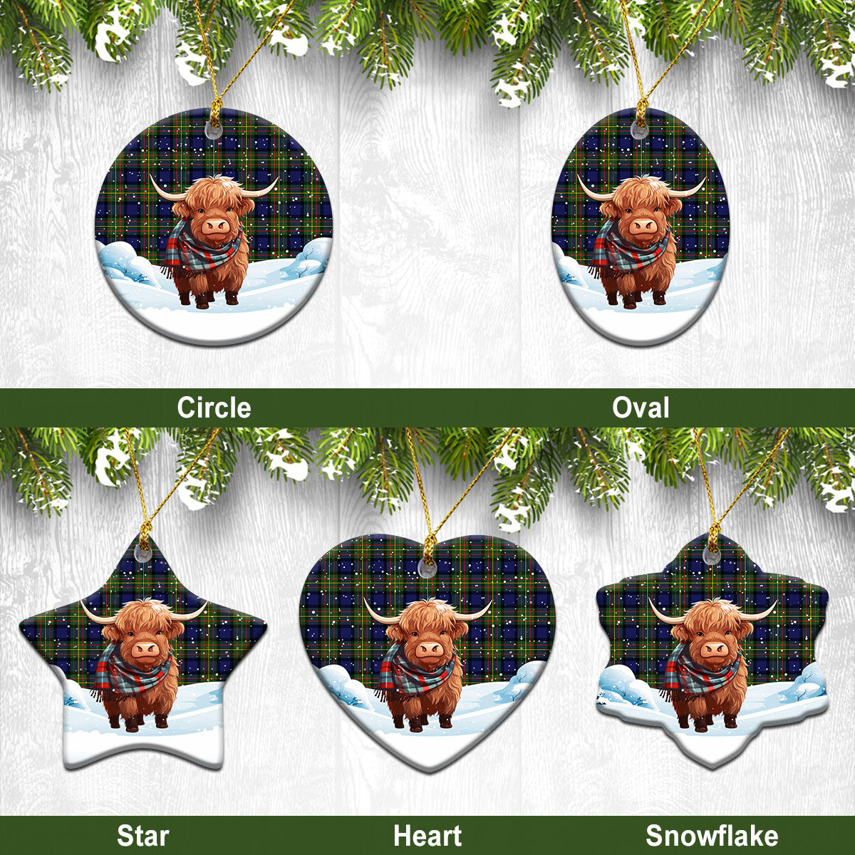 Laws Tartan Christmas Ceramic Ornament - Highland Cows Snow Style