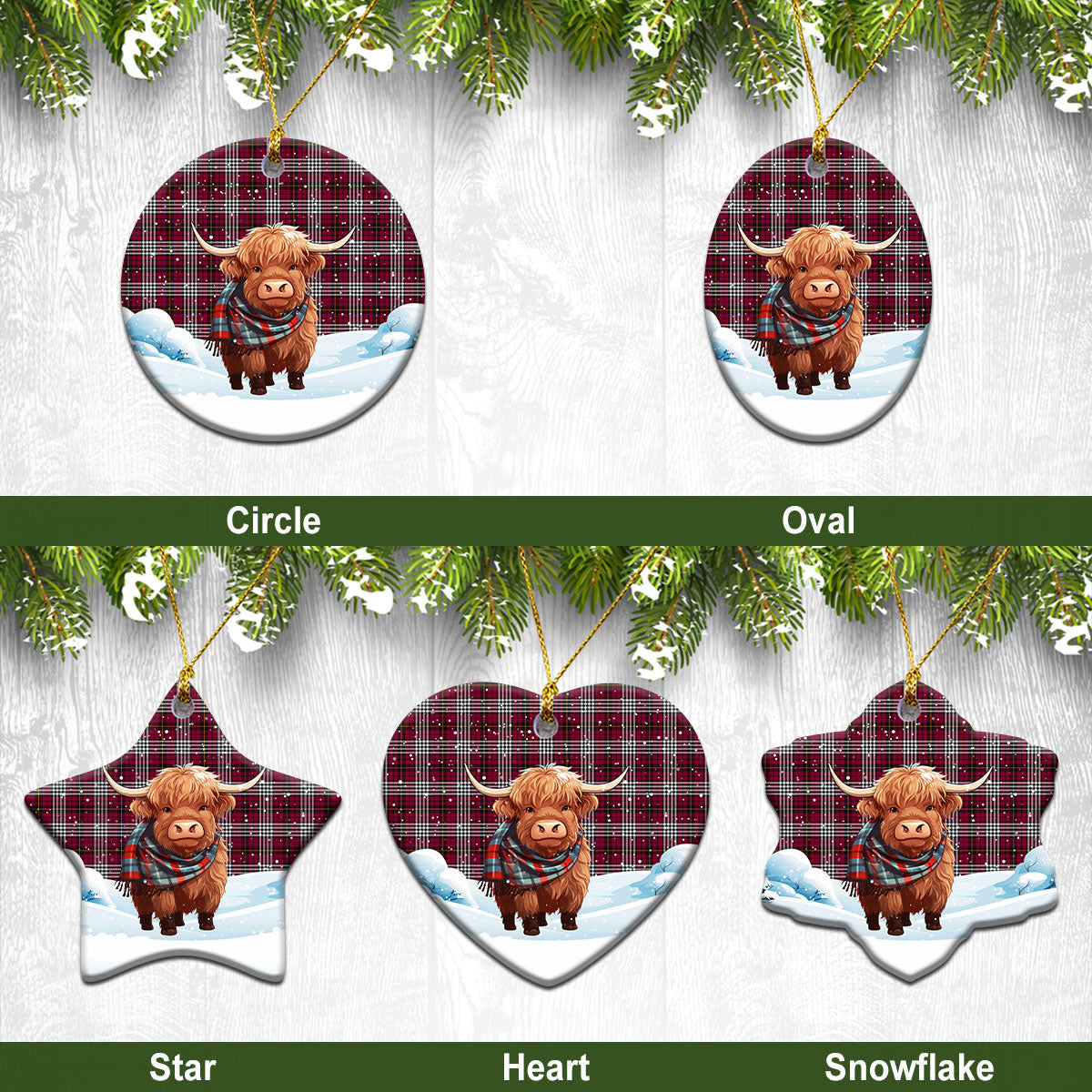 Little Tartan Christmas Ceramic Ornament - Highland Cows Snow Style