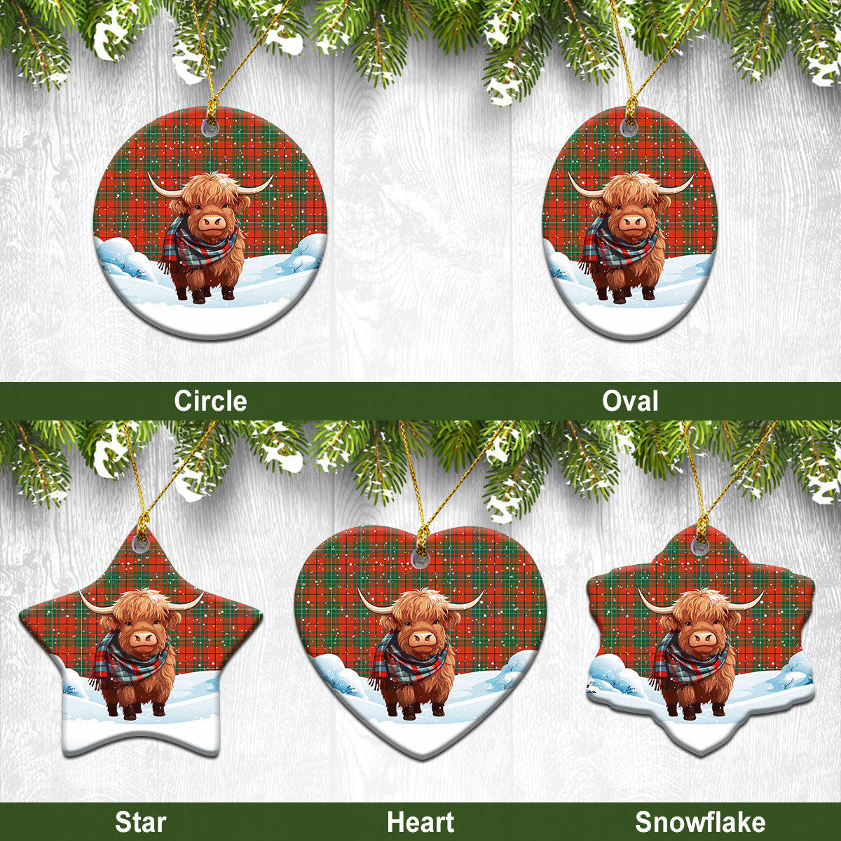 MacAulay Ancient Tartan Christmas Ceramic Ornament - Highland Cows Snow Style