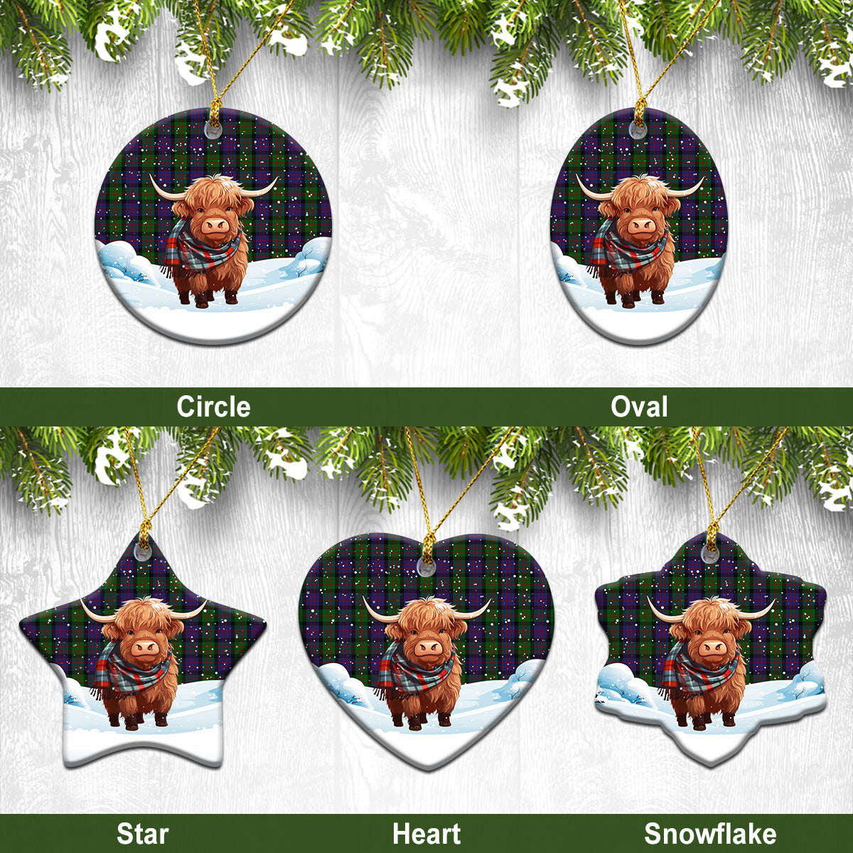 MacDonald Tartan Christmas Ceramic Ornament - Highland Cows Snow Style