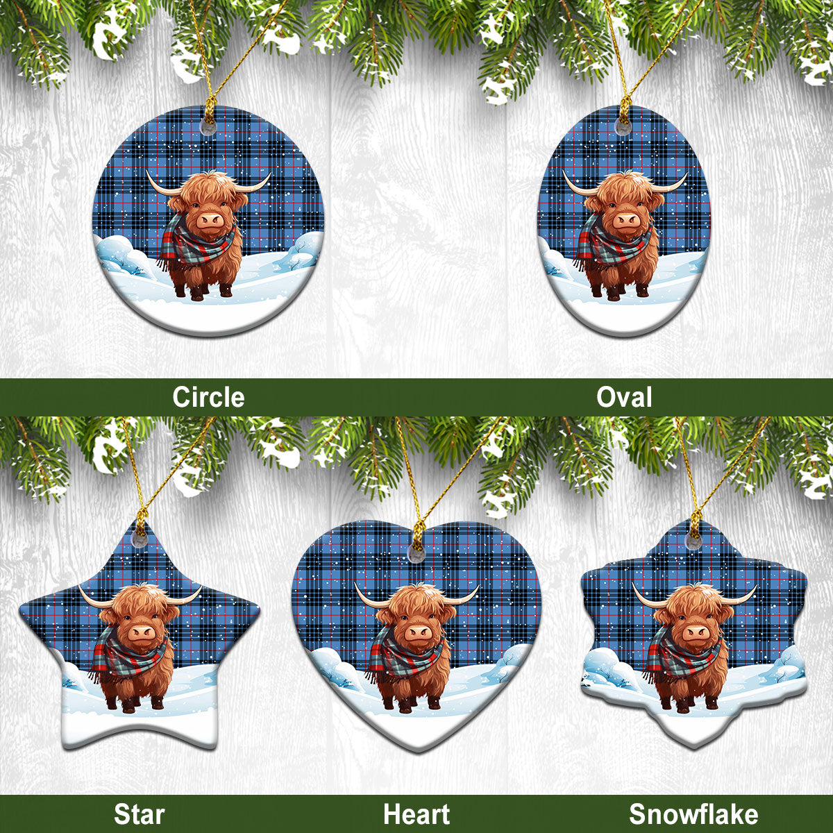 MacKay Blue Tartan Christmas Ceramic Ornament - Highland Cows Snow Style