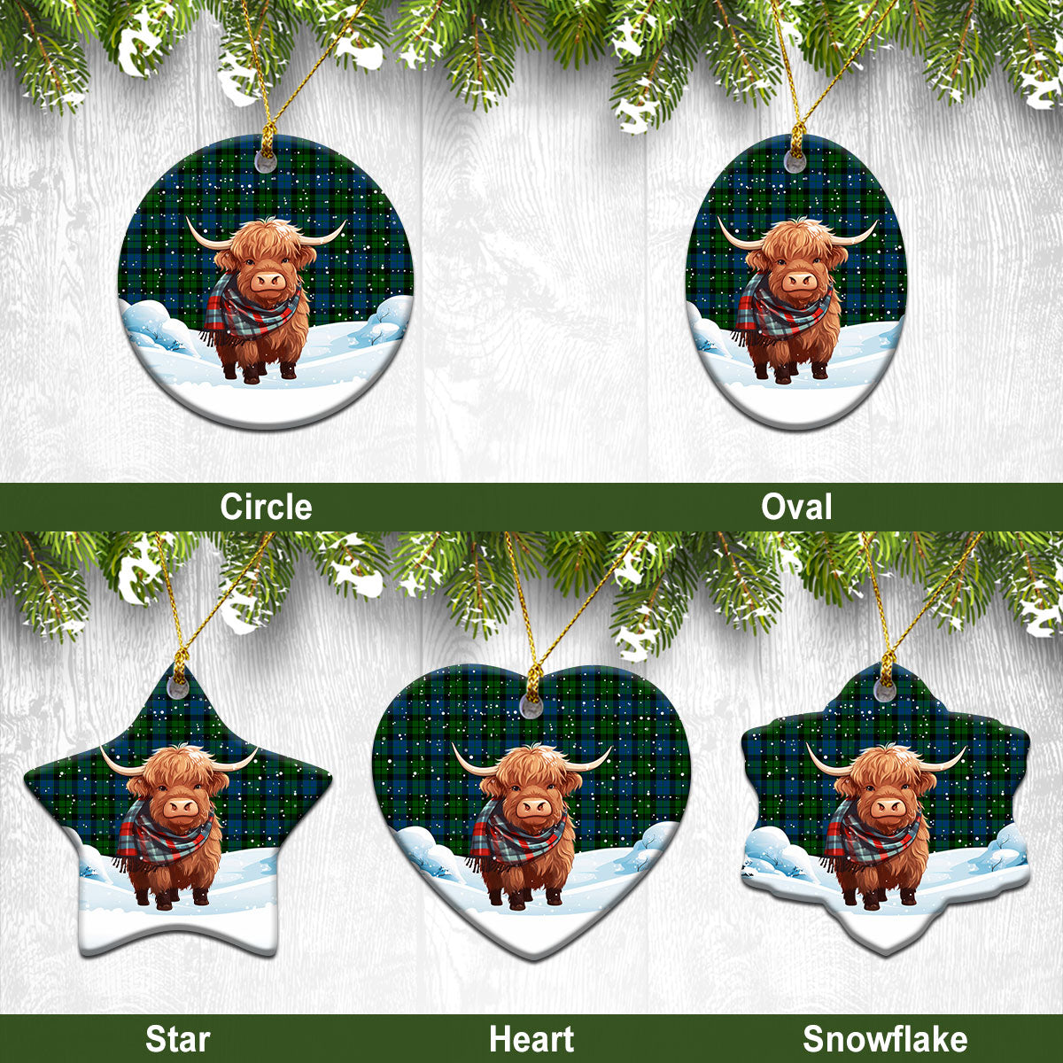 MacKie Tartan Christmas Ceramic Ornament - Highland Cows Snow Style