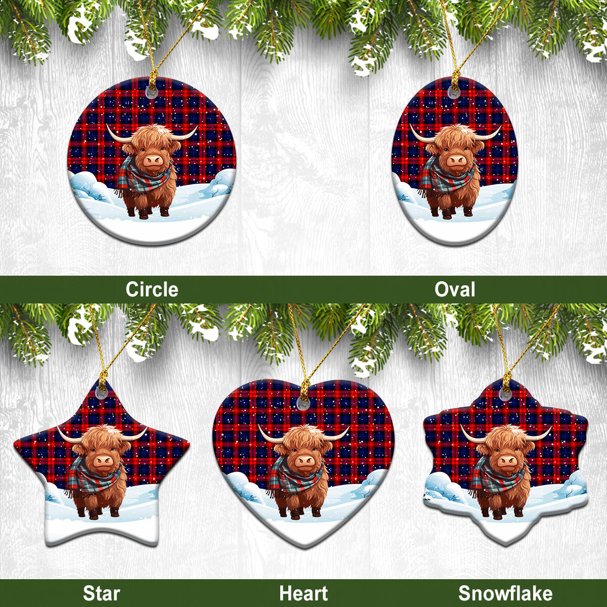 MacLachlan Modern Tartan Christmas Ceramic Ornament - Highland Cows Snow Style