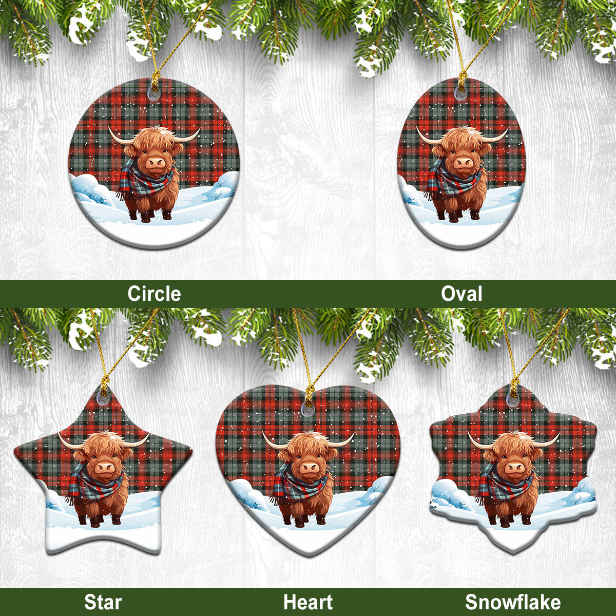 MacLachlan Weathered Tartan Christmas Ceramic Ornament - Highland Cows Snow Style