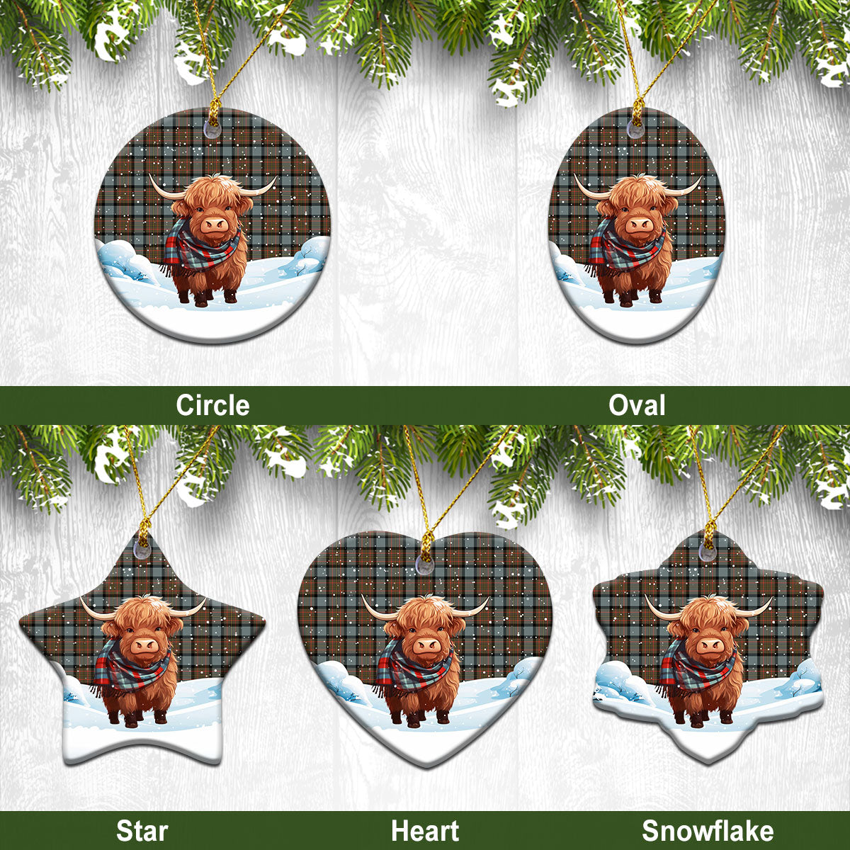 MacLaren Weathered Tartan Christmas Ceramic Ornament - Highland Cows Snow Style