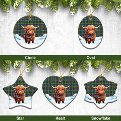 MacLellan Ancient Tartan Christmas Ceramic Ornament - Highland Cows Snow Style