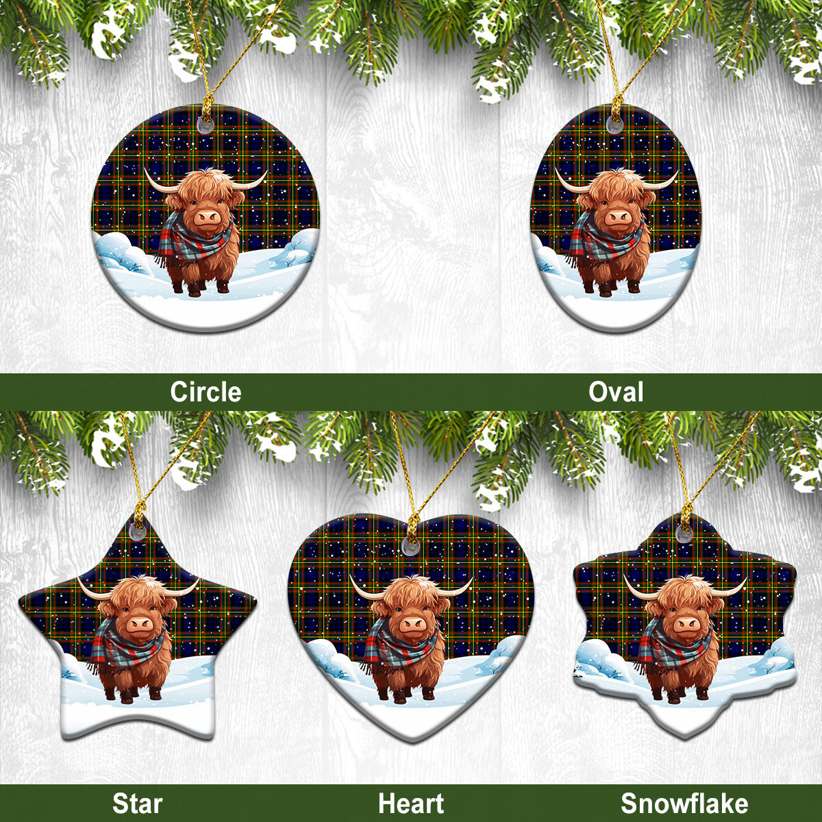 MacLellan Modern Tartan Christmas Ceramic Ornament - Highland Cows Snow Style