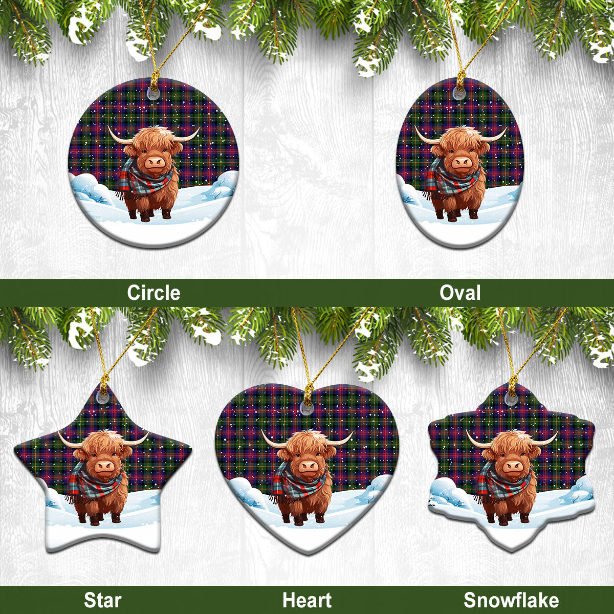 MacLennan Modern Tartan Christmas Ceramic Ornament - Highland Cows Snow Style