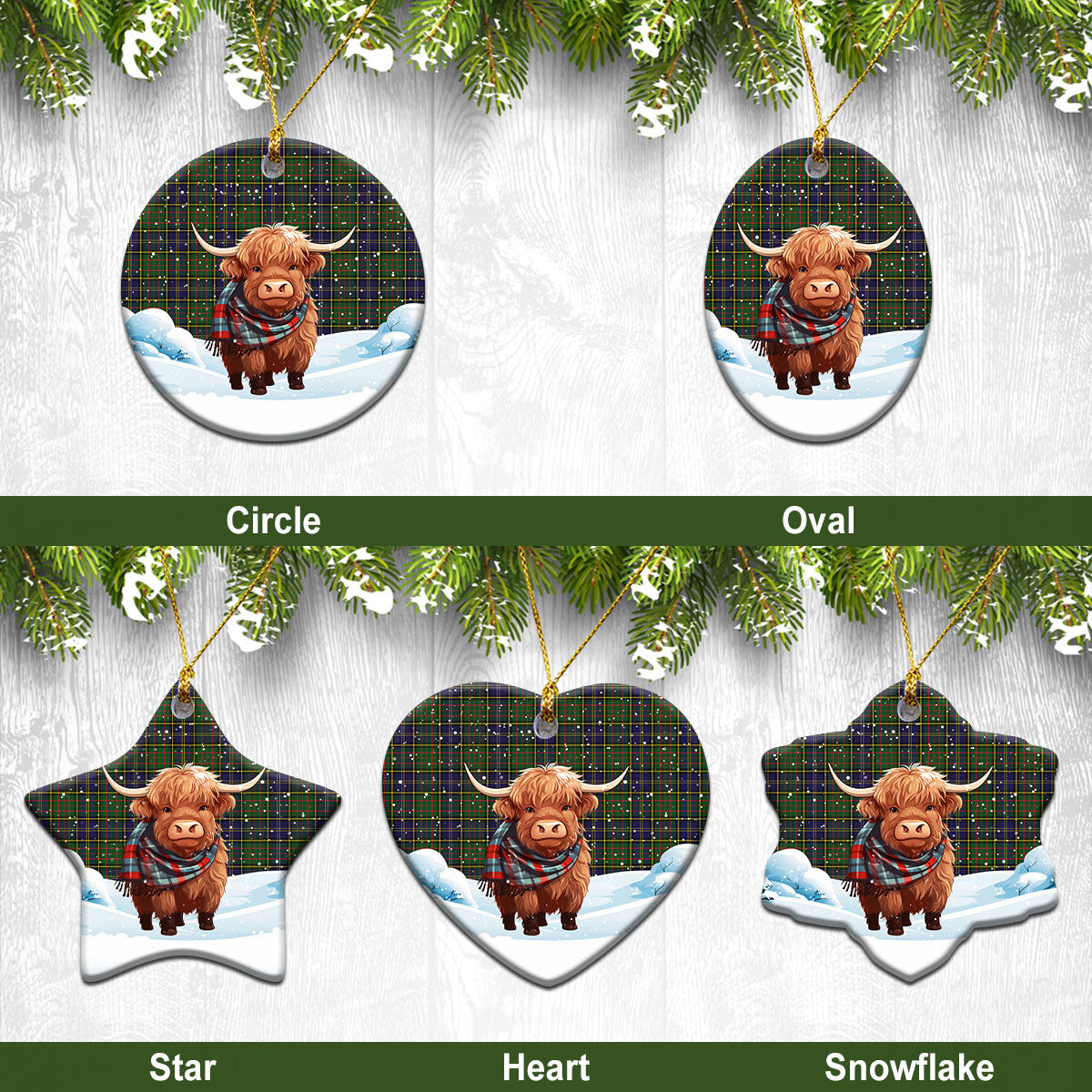 MacMillan Hunting Modern Tartan Christmas Ceramic Ornament - Highland Cows Snow Style