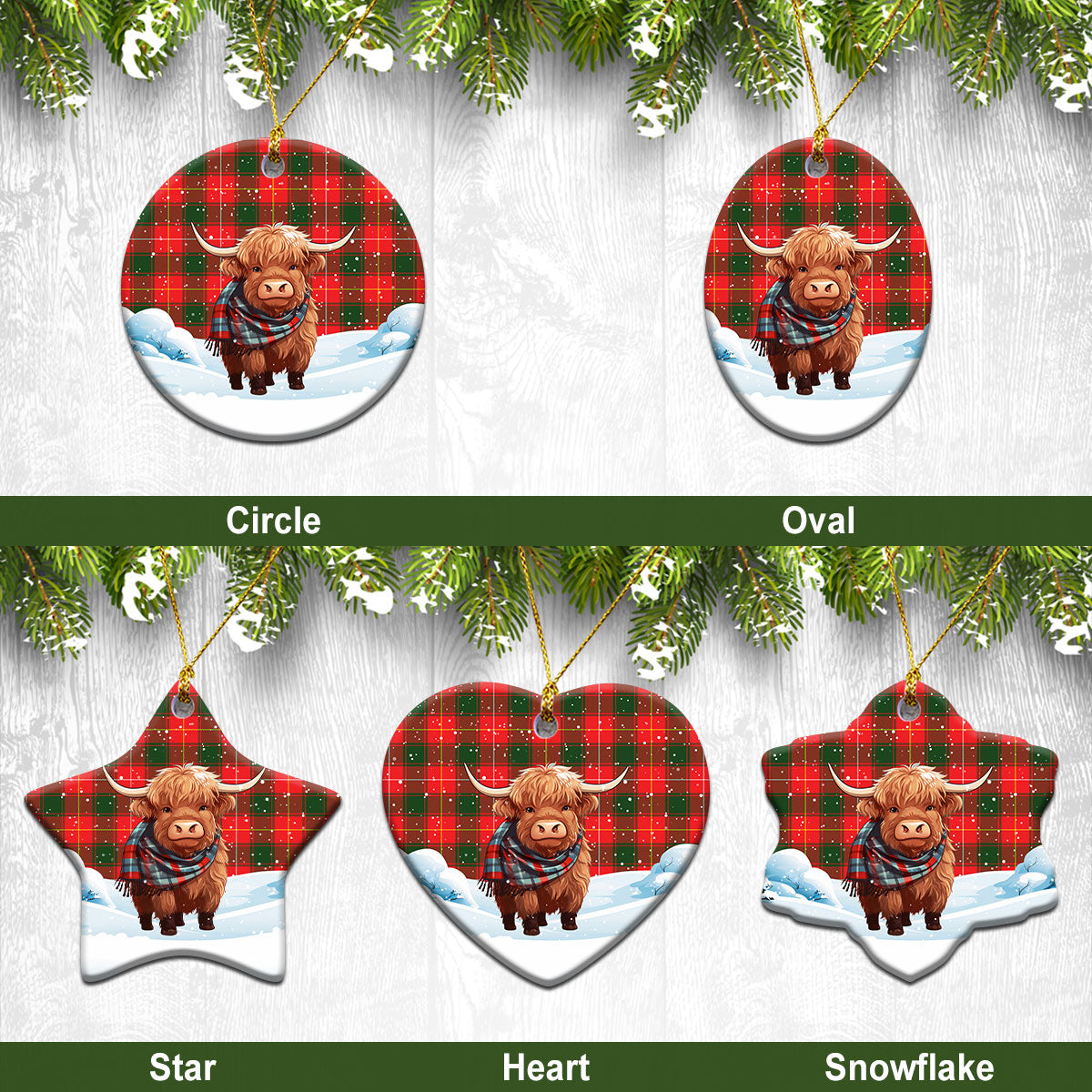 MacPhee Modern Tartan Christmas Ceramic Ornament - Highland Cows Snow Style