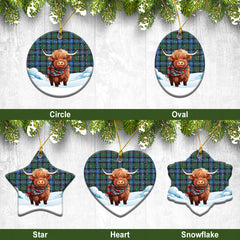 MacRae Hunting Ancient Tartan Christmas Ceramic Ornament - Highland Cows Snow Style