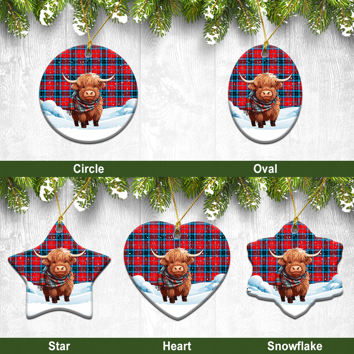 MacTavish Modern Tartan Christmas Ceramic Ornament - Highland Cows Snow Style