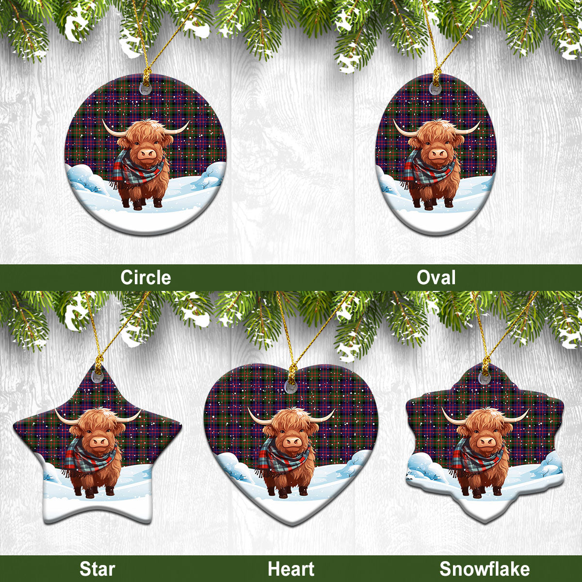 McDonald Modern Tartan Christmas Ceramic Ornament - Highland Cows Snow Style