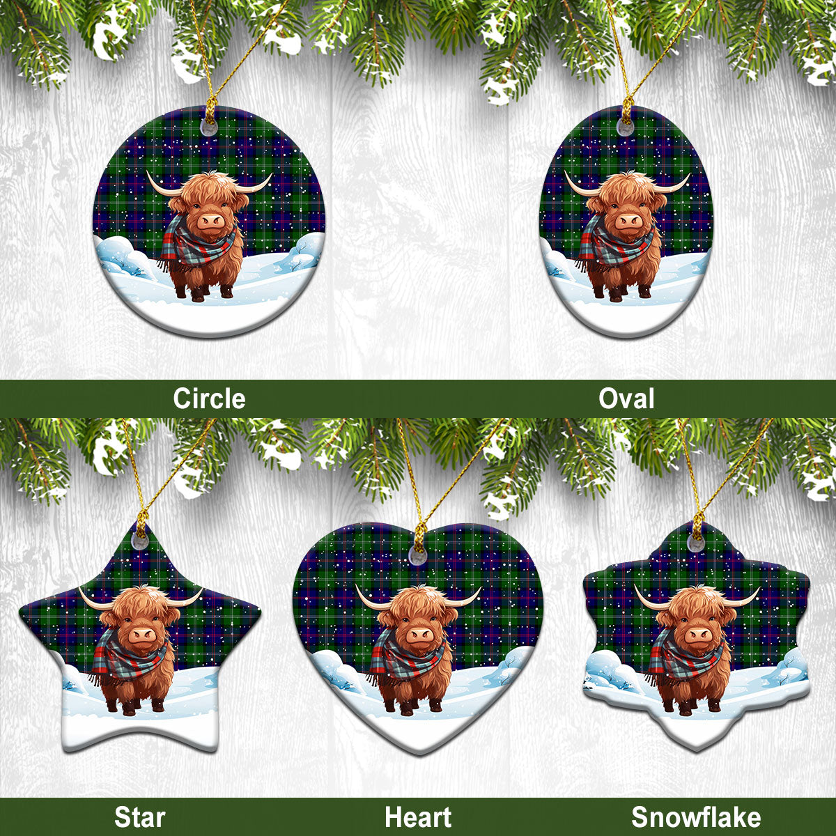 McThomas Modern Tartan Christmas Ceramic Ornament - Highland Cows Snow Style