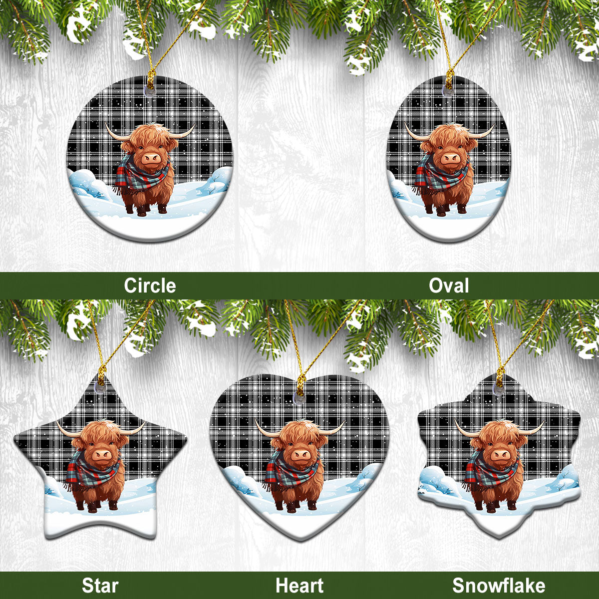 Menzies Black - White Modern Tartan Christmas Ceramic Ornament - Highland Cows Snow Style