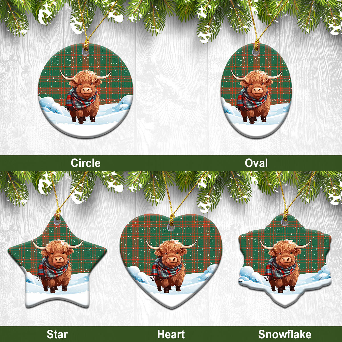 Menzies Green Ancient Tartan Christmas Ceramic Ornament - Highland Cows Snow Style