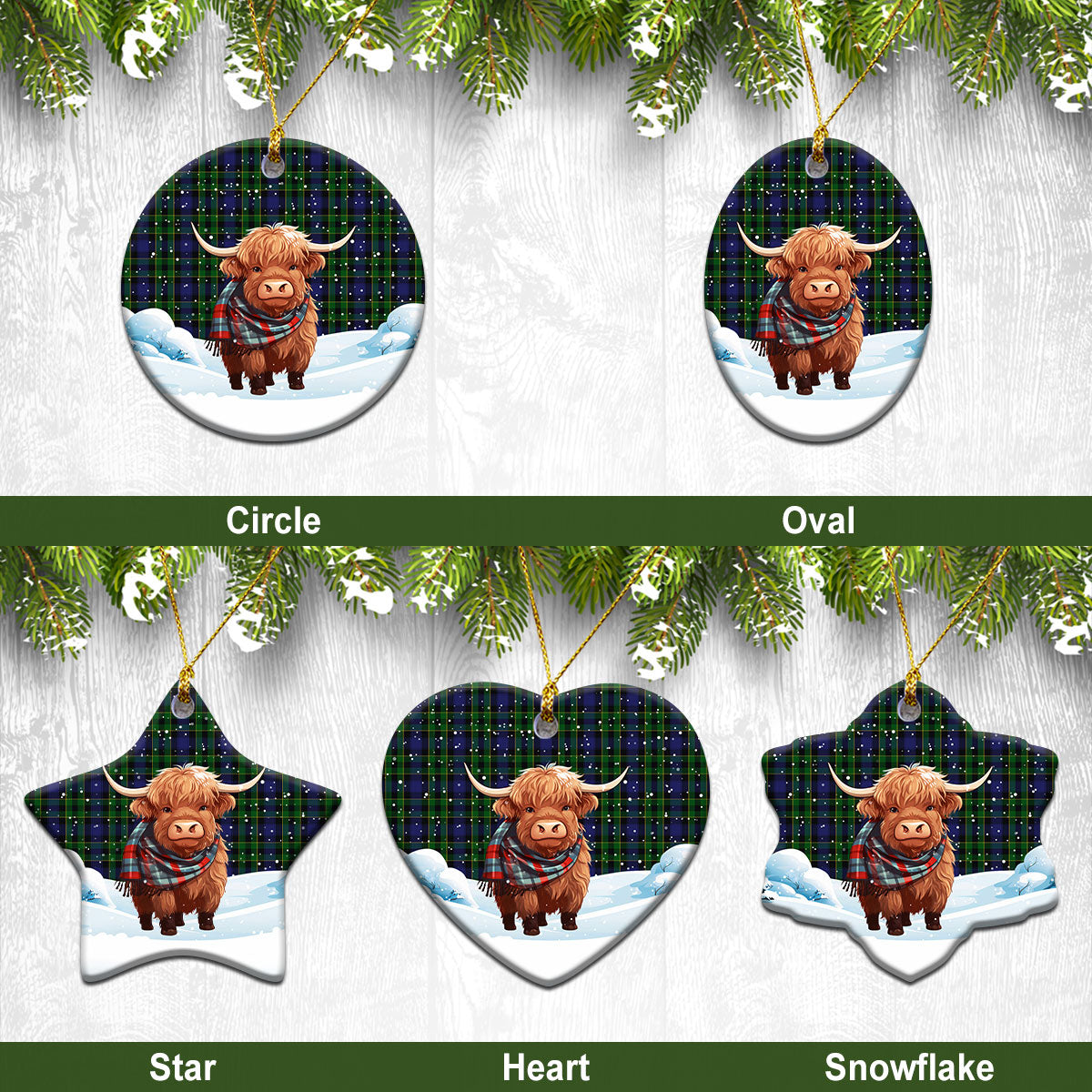 Mowat Modern Tartan Christmas Ceramic Ornament - Highland Cows Snow Style