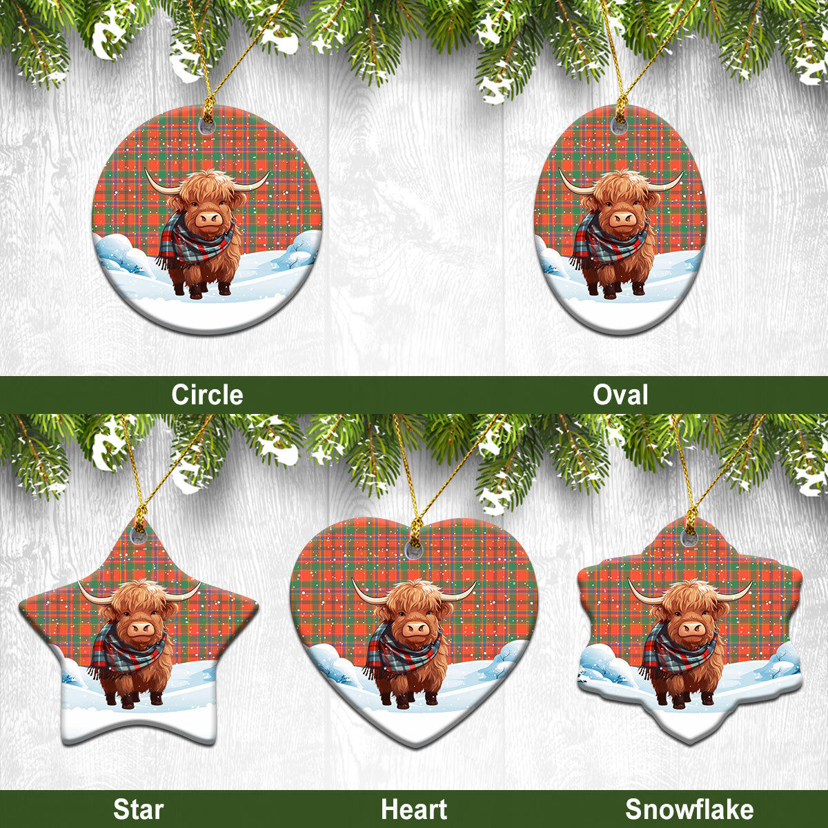 Munro Ancient Tartan Christmas Ceramic Ornament - Highland Cows Snow Style