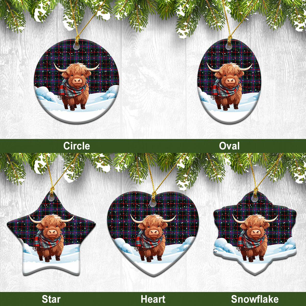 Nairn Tartan Christmas Ceramic Ornament - Highland Cows Snow Style