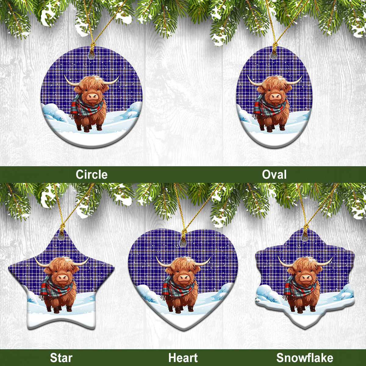 Ochterlony Tartan Christmas Ceramic Ornament - Highland Cows Snow Style