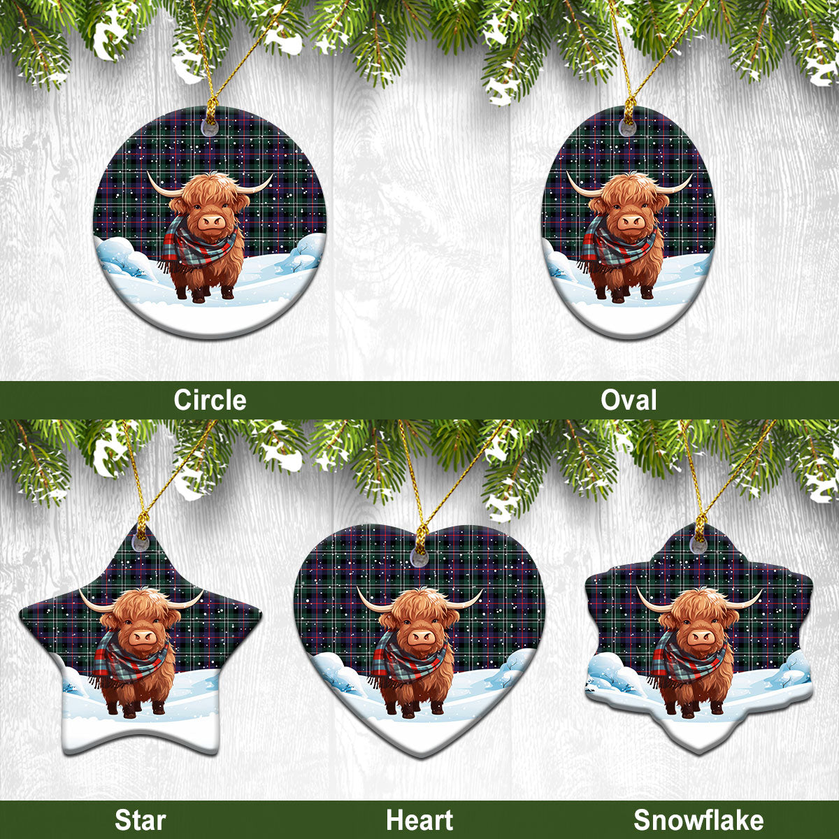 Rose Hunting Modern Tartan Christmas Ceramic Ornament - Highland Cows Snow Style