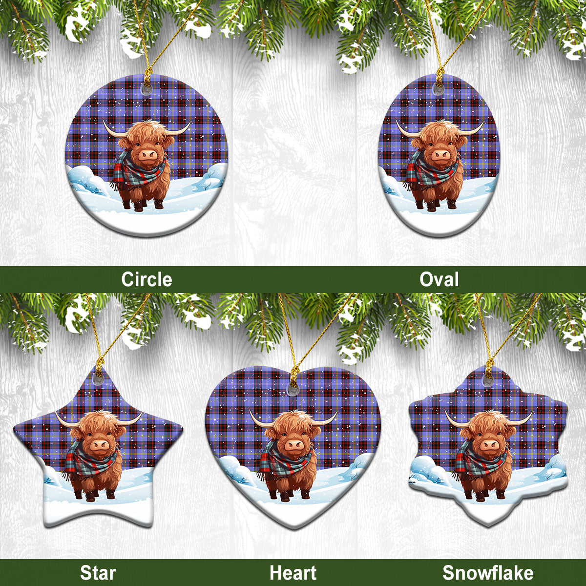 Rutherford Tartan Christmas Ceramic Ornament - Highland Cows Snow Style