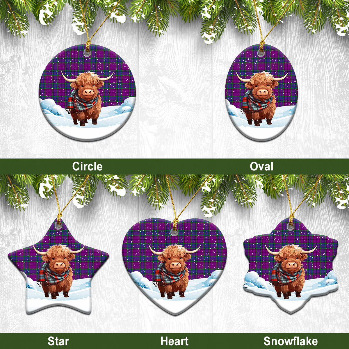 Wardlaw Modern Tartan Christmas Ceramic Ornament - Highland Cows Snow Style