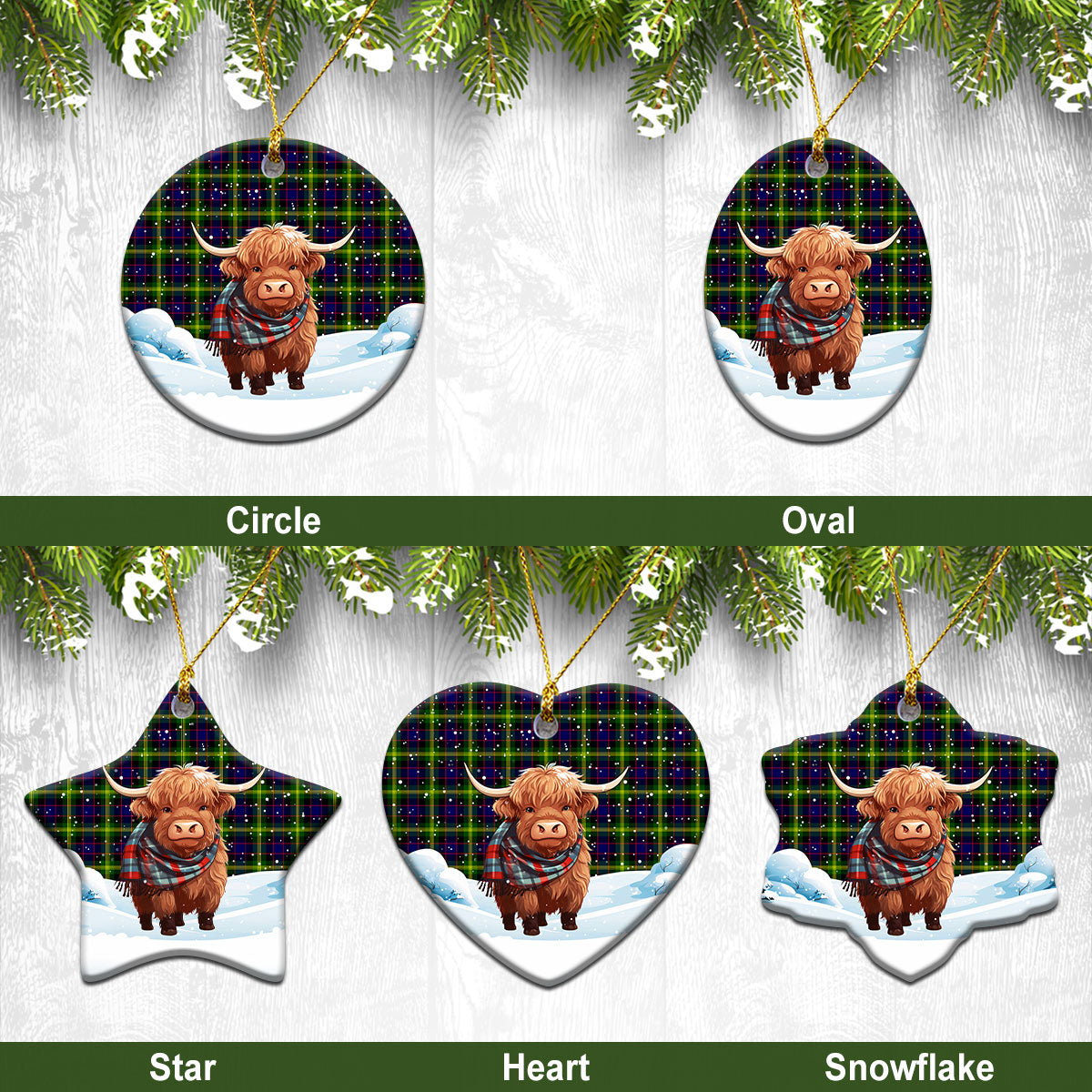 Watson Modern Tartan Christmas Ceramic Ornament - Highland Cows Snow Style