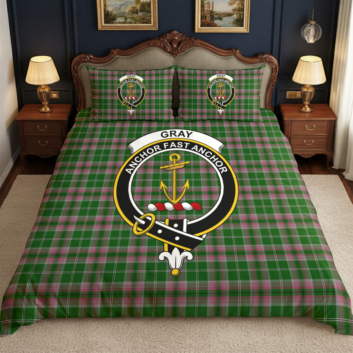 Gray Hunting Tartan Crest Bedding Set
