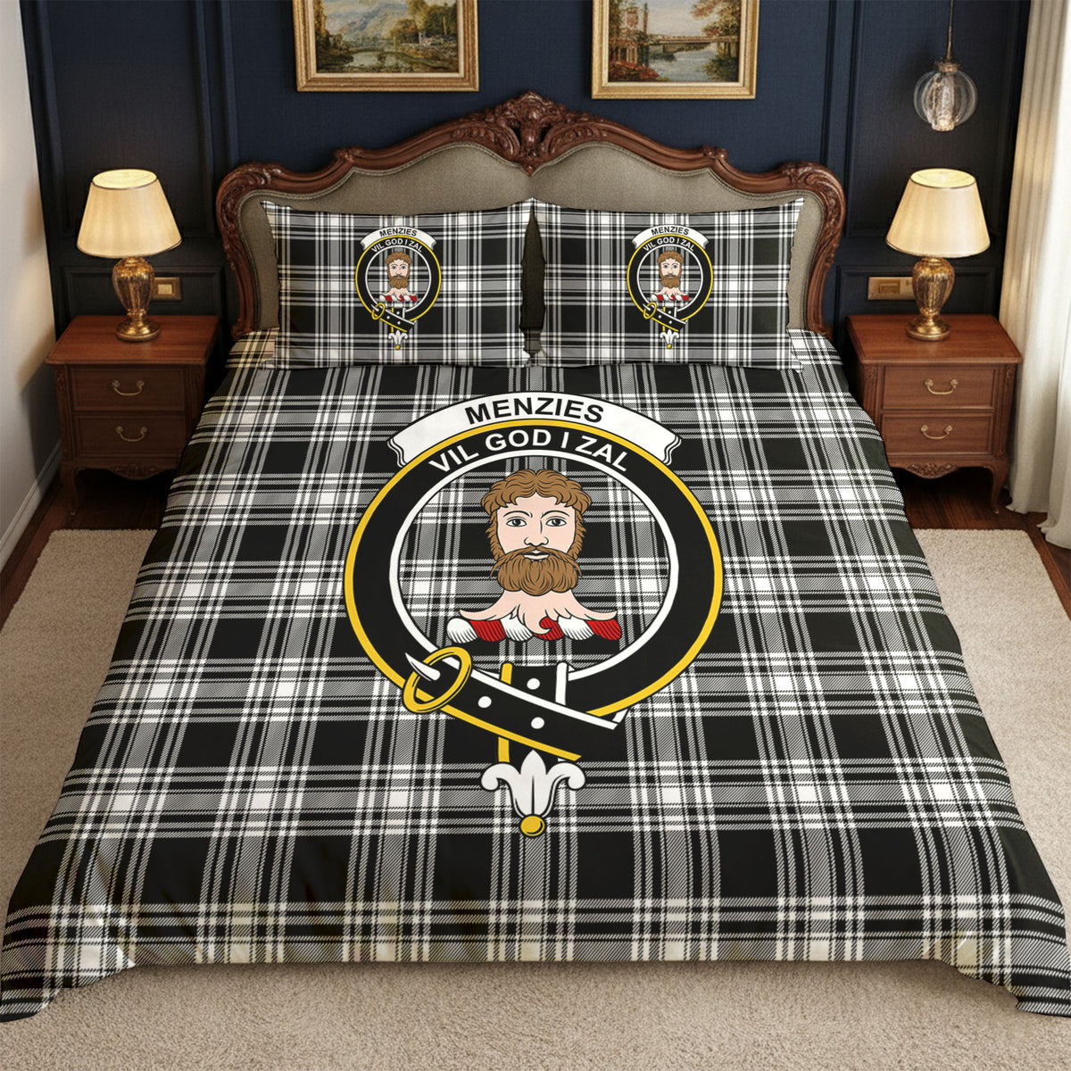 Menzies Black - White Modern Tartan Crest Bedding Set