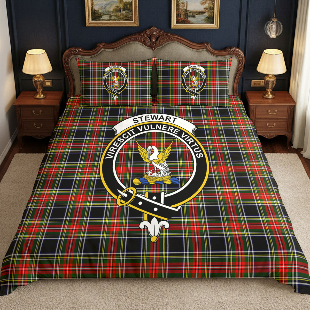Stewart Black Tartan Crest Bedding Set