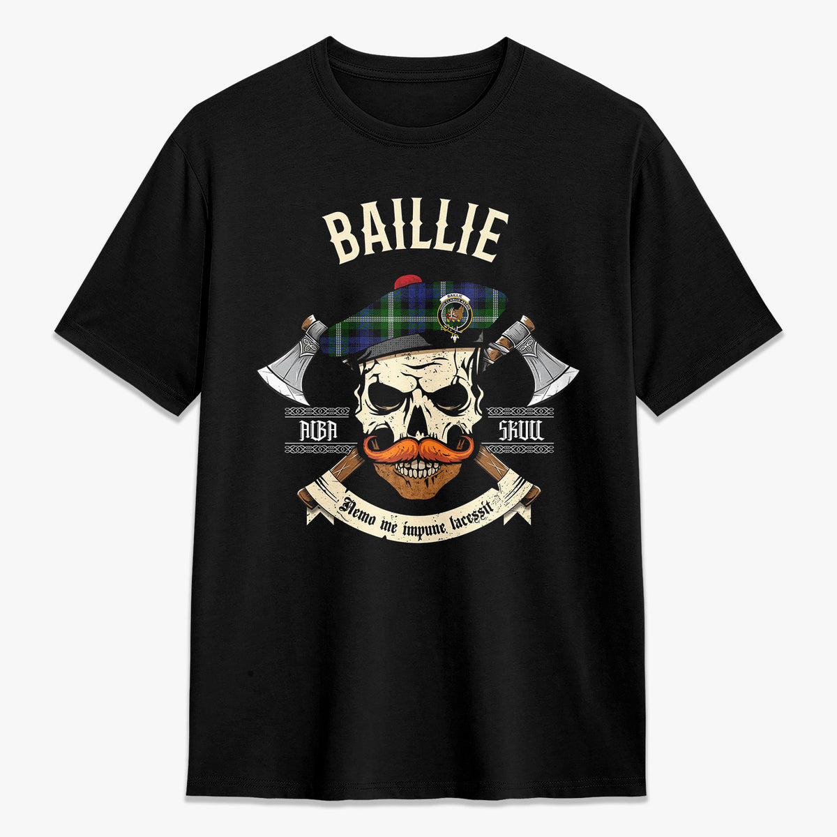 Baillie Modern Tartan Crest 2D T-shirt - Alba Skull Style