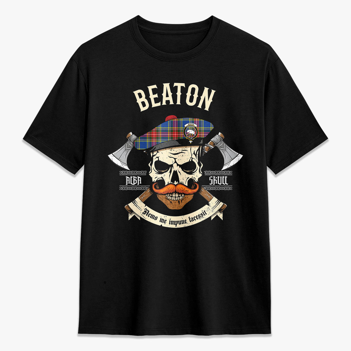 Beaton Modern Tartan Crest 2D T-shirt - Alba Skull Style