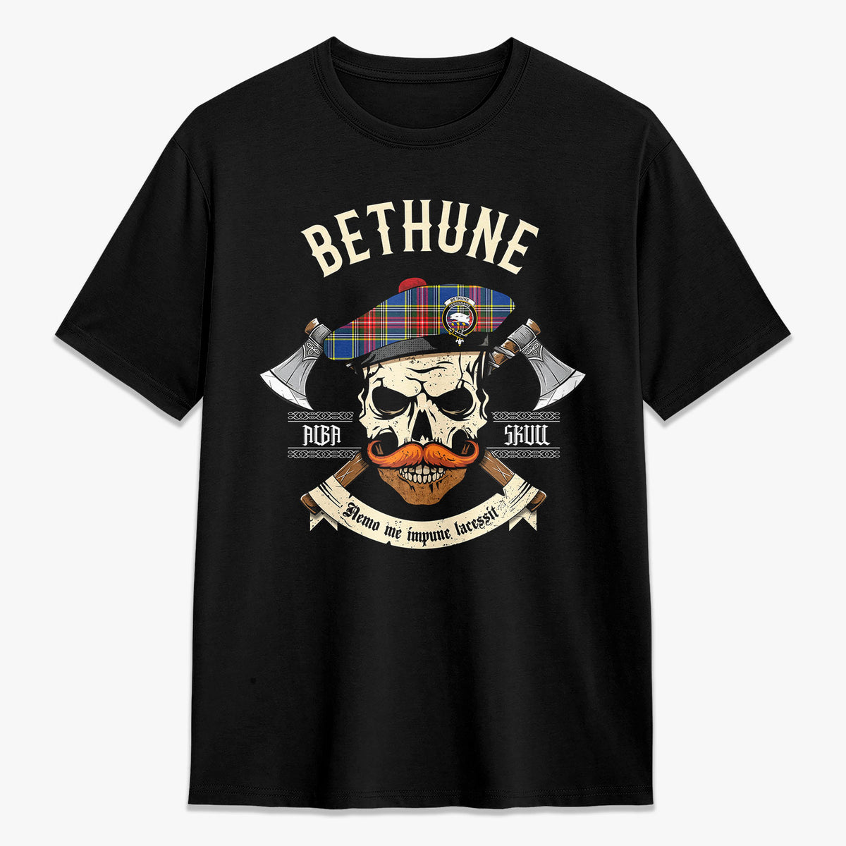 Bethune Modern Tartan Crest 2D T-shirt - Alba Skull Style