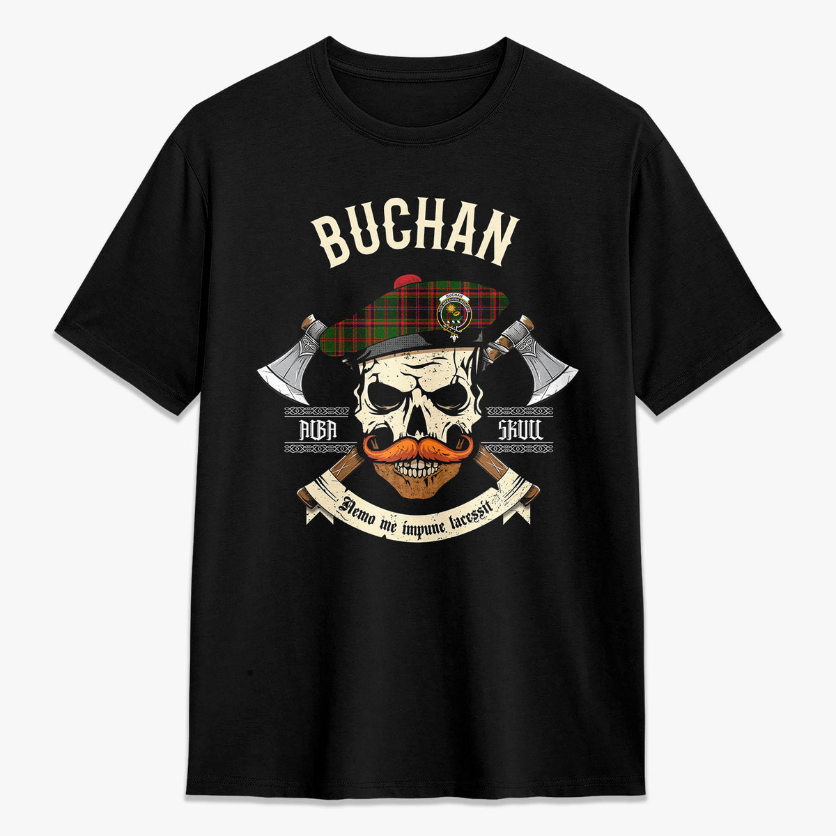 Buchan Modern Tartan Crest 2D T-shirt - Alba Skull Style