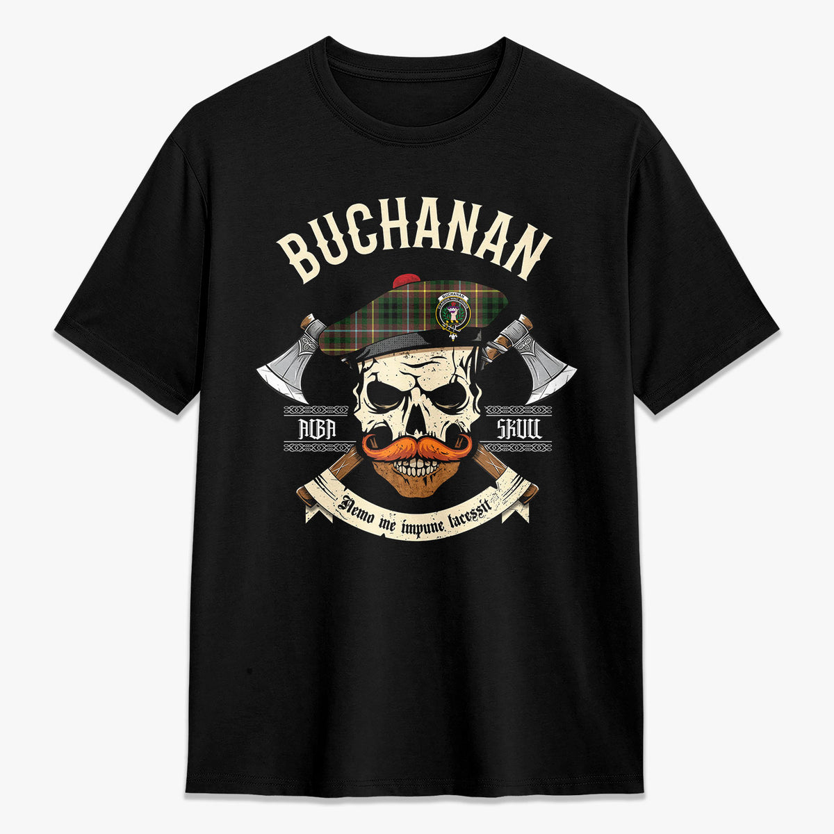 Buchanan Hunting Tartan Crest 2D T-shirt - Alba Skull Style