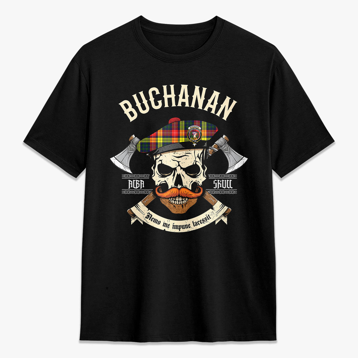 Buchanan Modern Tartan Crest 2D T-shirt - Alba Skull Style