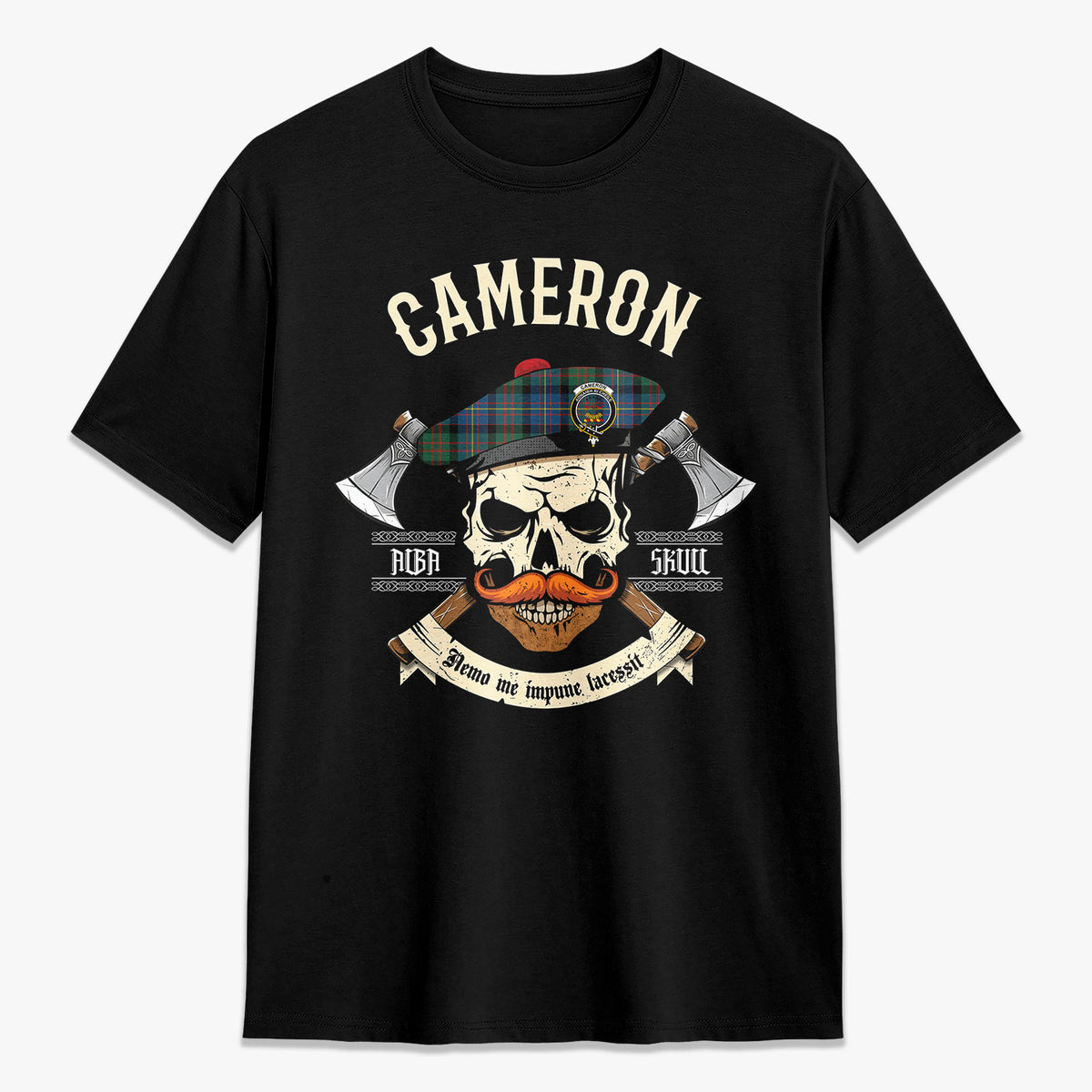 Cameron of Erracht Ancient Tartan Crest 2D T-shirt - Alba Skull Style