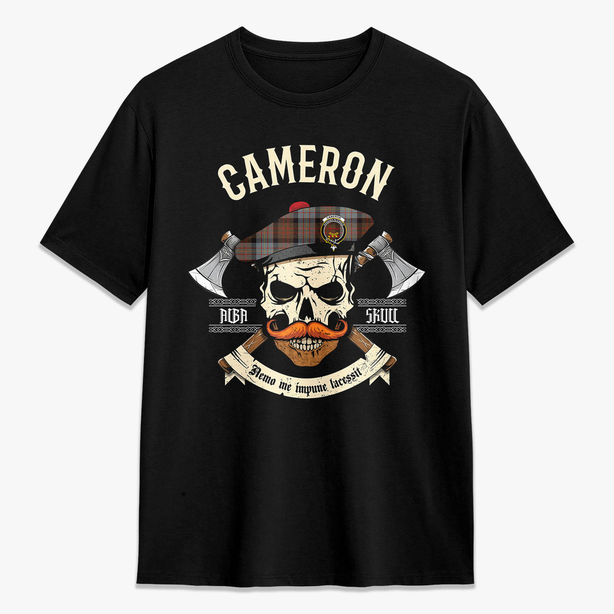 Cameron of Erracht Weathered Tartan Crest 2D T-shirt - Alba Skull Style