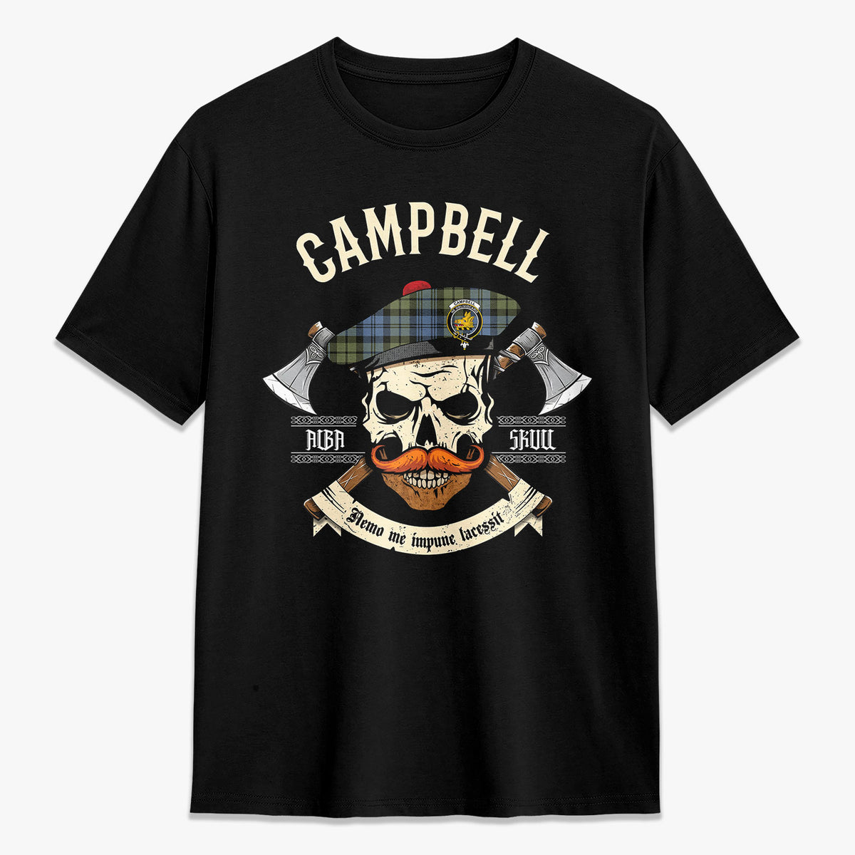 Campbell Faded Tartan Crest 2D T-shirt - Alba Skull Style